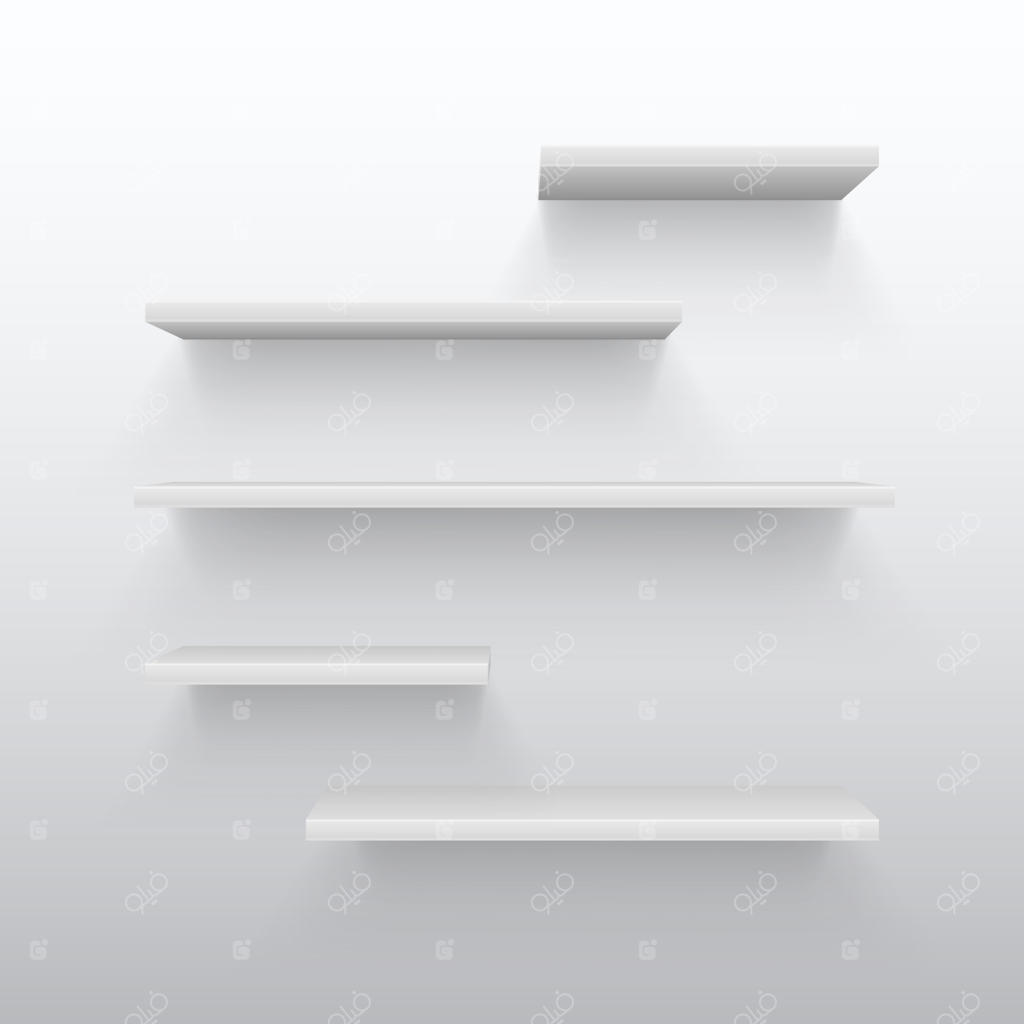 قفسه‌های خالی سه‌بعدی سفید با سایه روی دیوار. قفسه کتاب خالی برای دکوراسیون داخلی خانه، تصویرسازی وکتور. فروشگاه قفسه یا نمایشگاه داخلی قفسه‌ها
