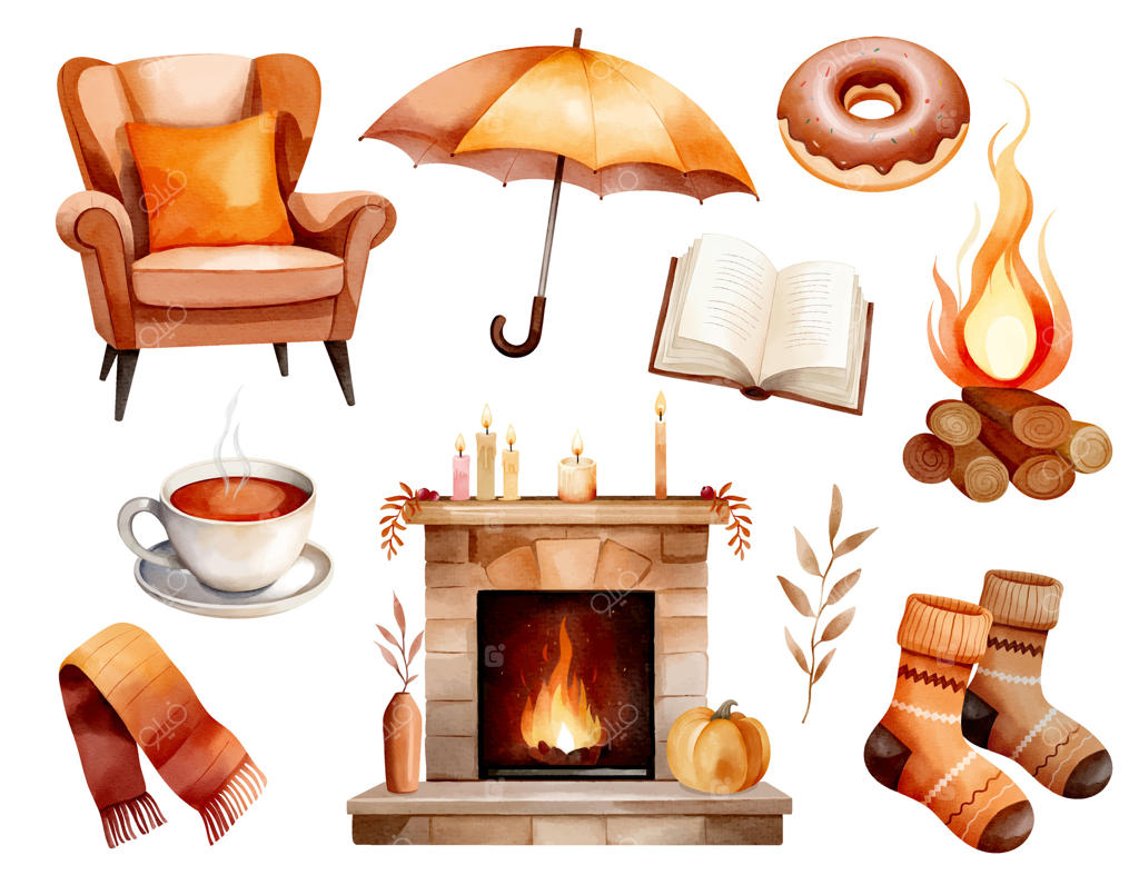 ست پاییزی آبرنگی با چای، جوراب، کتاب، صندلی، شال و شومینه. تصویرسازی دست‌کشیده پاییز