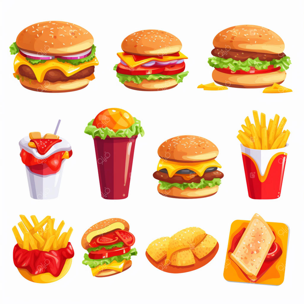 تصویرسازی وکتور منوی فست‌فود و رستوران با طرح کارتونی همبرگر و پیتزا