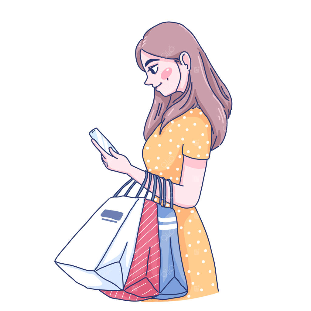 تصویر کاراکتر کارتونی دختر در حال خرید آنلاین.
