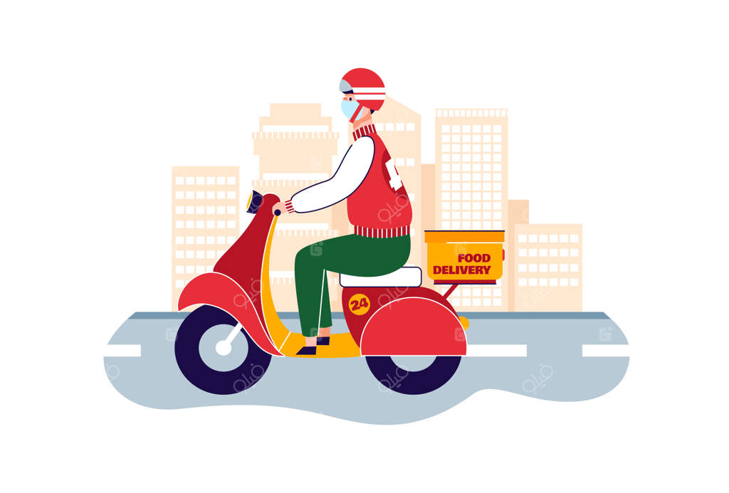 پیک کارتونی با اسکوتر و ماسک، حمل و نقل تحویل غذا