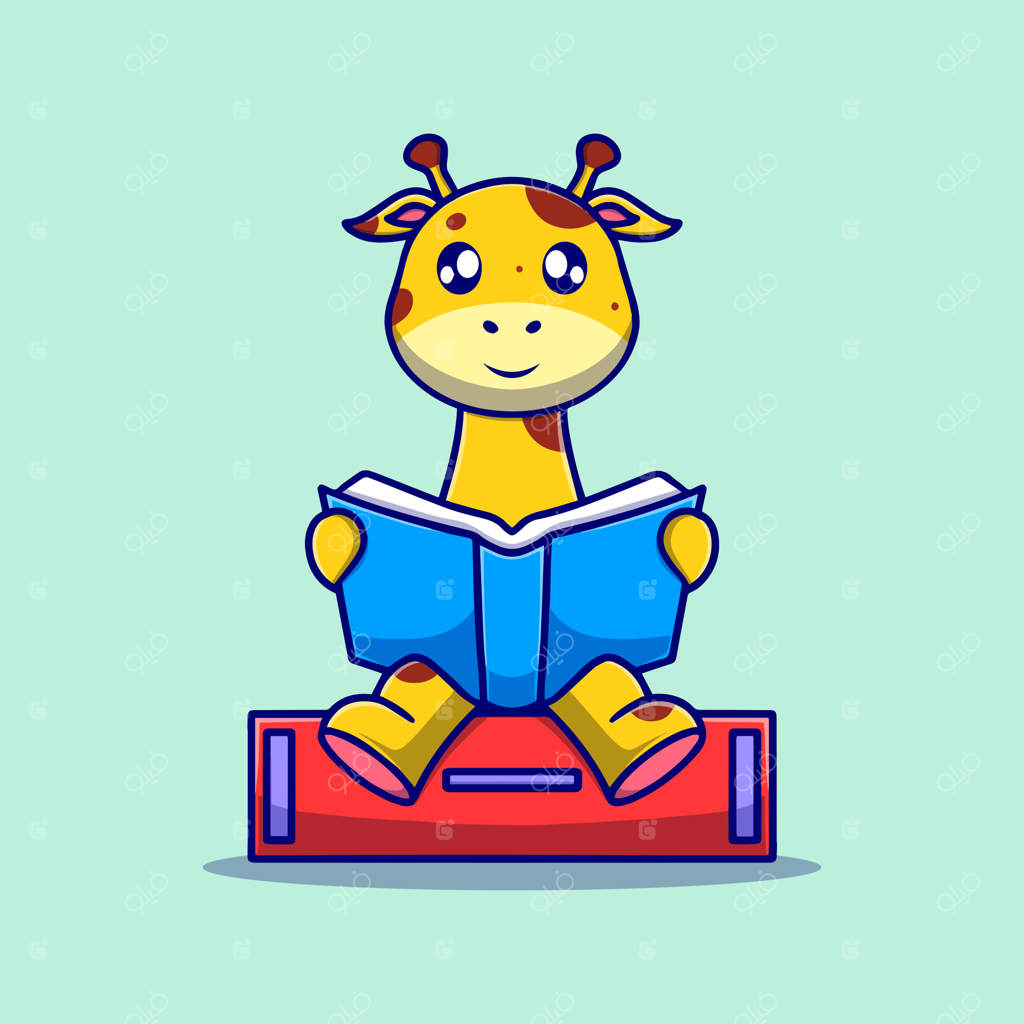 تصویر وکتور رایگان: زرافه‌ی بامزه در حال کتاب‌خوانی - مفهوم آیکون کارتونی حیوانات به صورت تخت و ایزوله