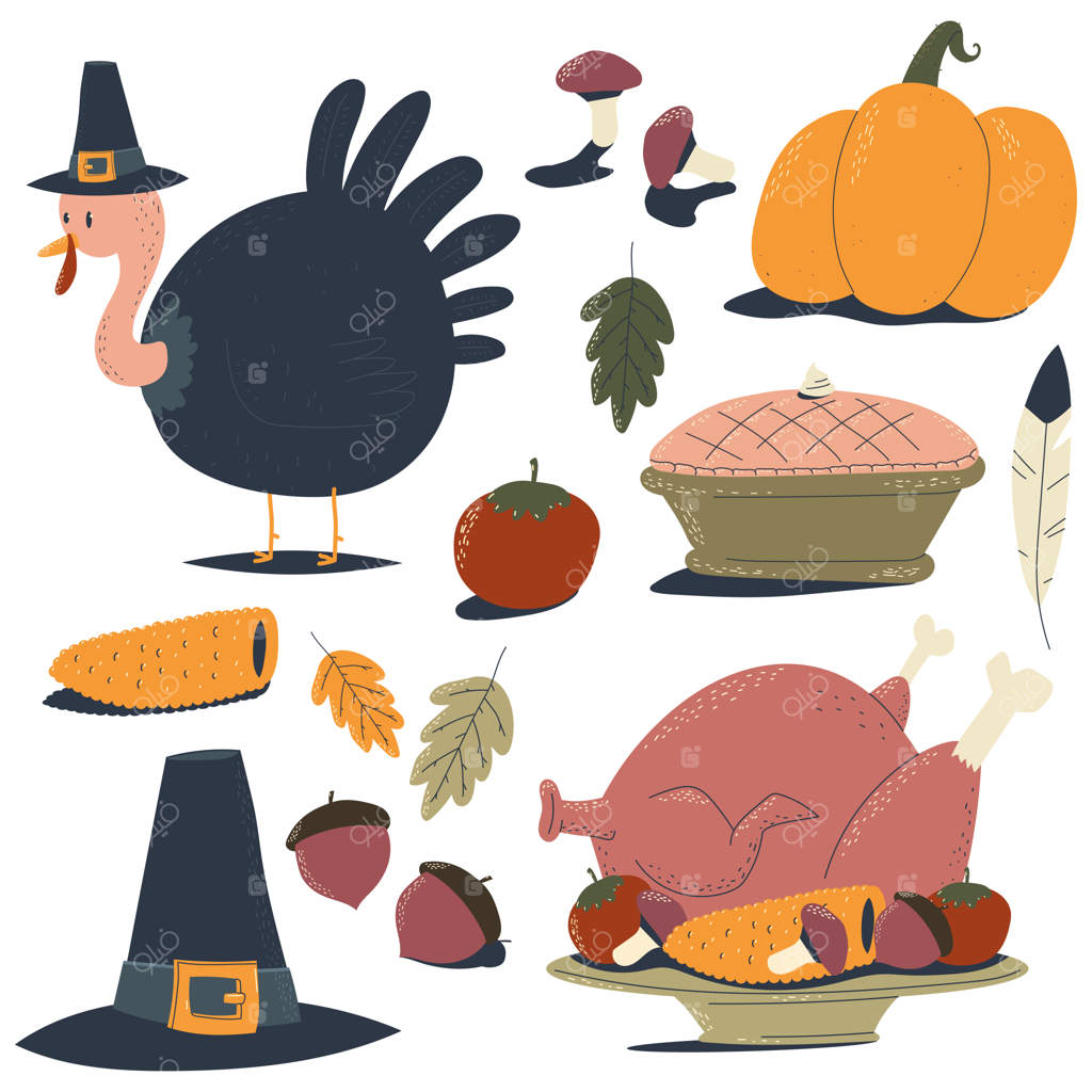 عناصر روز شکرگزاری بر روی پس‌زمینه سفید.