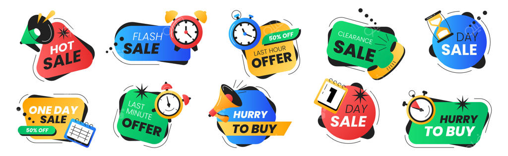 مجموعه نشان‌های پیشنهاد فرصت آخر. استیکرهای تبلیغاتی حراج با ساعت زنگ‌دار، تقویم، کرونومتر، ساعت شنی و بلندگو. آیکون‌های فروش داغ، پیشنهاد ویژه و عجله برای خرید. برچسب‌های تخفیف و لوگوهای روز پایانی.