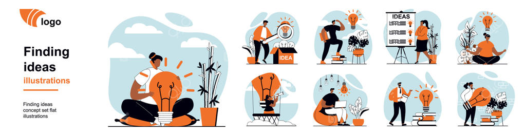 ایده‌یابی با صحنه‌های افراد در طراحی وب فلت. مجموعه‌ای از موقعیت‌های شخصیتی شامل طوفان فکری، توسعه‌ی برنامه پروژه، ایجاد استراتژی، تفکر و حل مسئله. تصاویری جذاب و گویا.