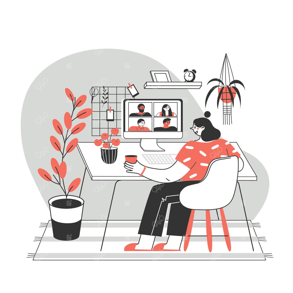 دختر یا زنی در حال استفاده از کامپیوتر برای جلسه مجازی گروهی یا ویدئو کنفرانس گروهی.