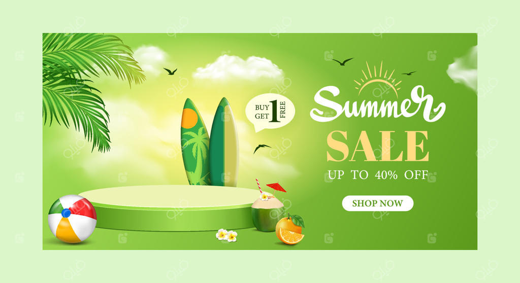 بنر حراج تابستانی با پس‌زمینه‌ای از طبیعت سبز و عناصر گرمسیری تابستانی