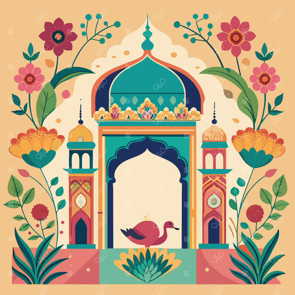 طاق ورودی باغ مغولی با تزئینات و روشنایی کاخ معبد و طاووس