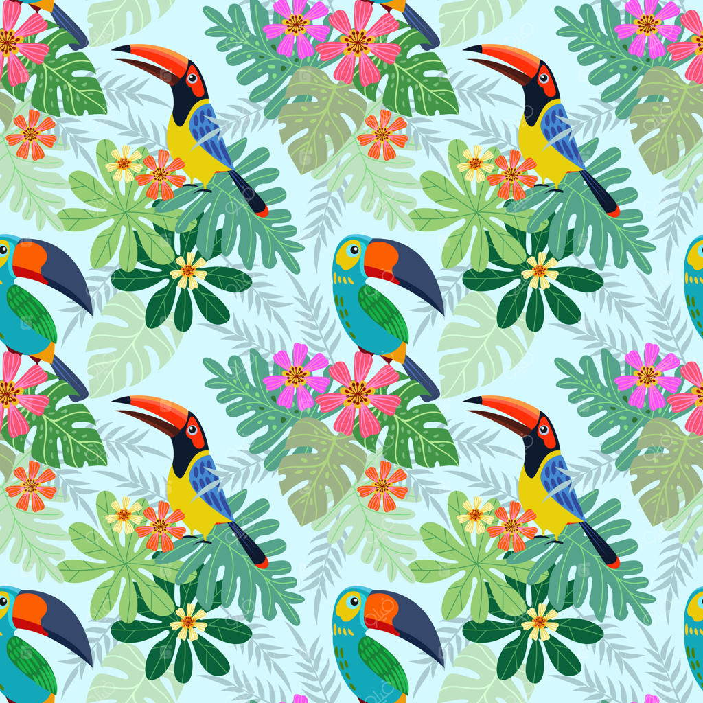 طرح یکپارچه پرنده توکان با گل‌های استوایی.