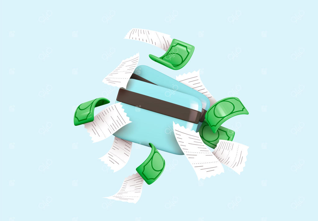 سرمایه‌گذاری مالی کسب‌وکار. کارت اعتباری، دلارهای سبز، چک نقدی. طراحی سه‌بعدی واقع‌گرایانه به سبک کارتونی. مفهوم خلاقانه بازگشت نقدی. زمان خرید. تصویرسازی وکتور