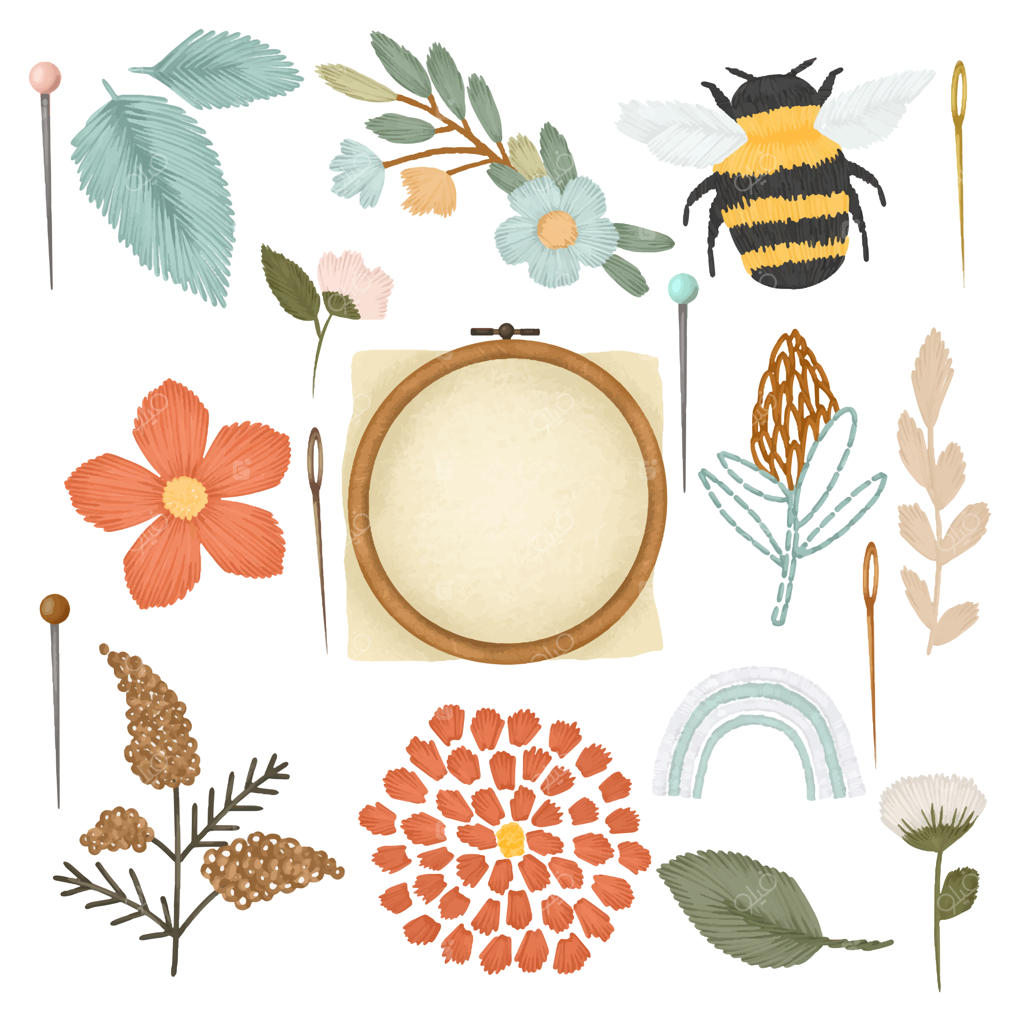 مجموعه‌ای از عناصر گرافیکی گلدوزی گلدار، لوازم و ابزارهای گلدوزی و سوزن‌دوزی