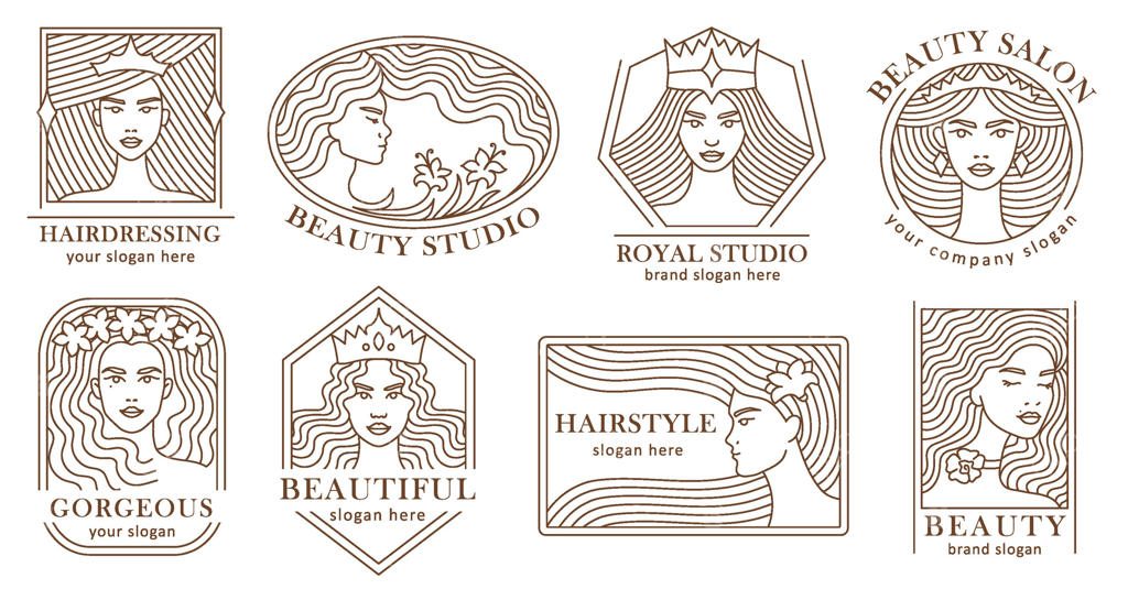 نشان چهره زیبای زنانه: لوگوی سالن زیبایی با طراحی ظریف چهره زن با تاج یا گل در مو. الگوهای شیک برای برندهای زیبایی سلطنتی و طبیعی