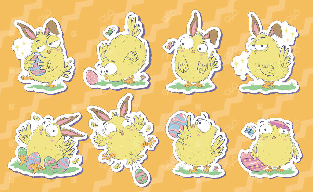 بسته برچسب‌های جوجه‌های بامزه با تخم‌مرغ‌های عید پاک و گوش‌های خرگوشی به سبک طرح‌نگار آماده برای چاپ بنر افقی دست‌کشیده پرنده‌های خانگی بامزه