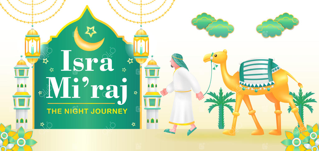 معراج، تصویر سه‌بعدی مردی که شتری با تزئینات گل‌دار و ابر حمل می‌کند