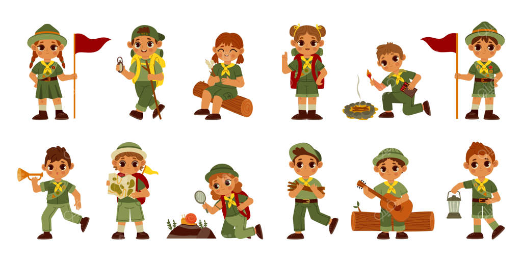 کودکان پیشاهنگ: پسران و دختران کارتونی بامزه در لباس پیشاهنگی برای اردوگاه تابستانی، زنده ماندن در طبیعت و ساخت اردو - شخصیت‌های کارتونی کودکان وکتوری