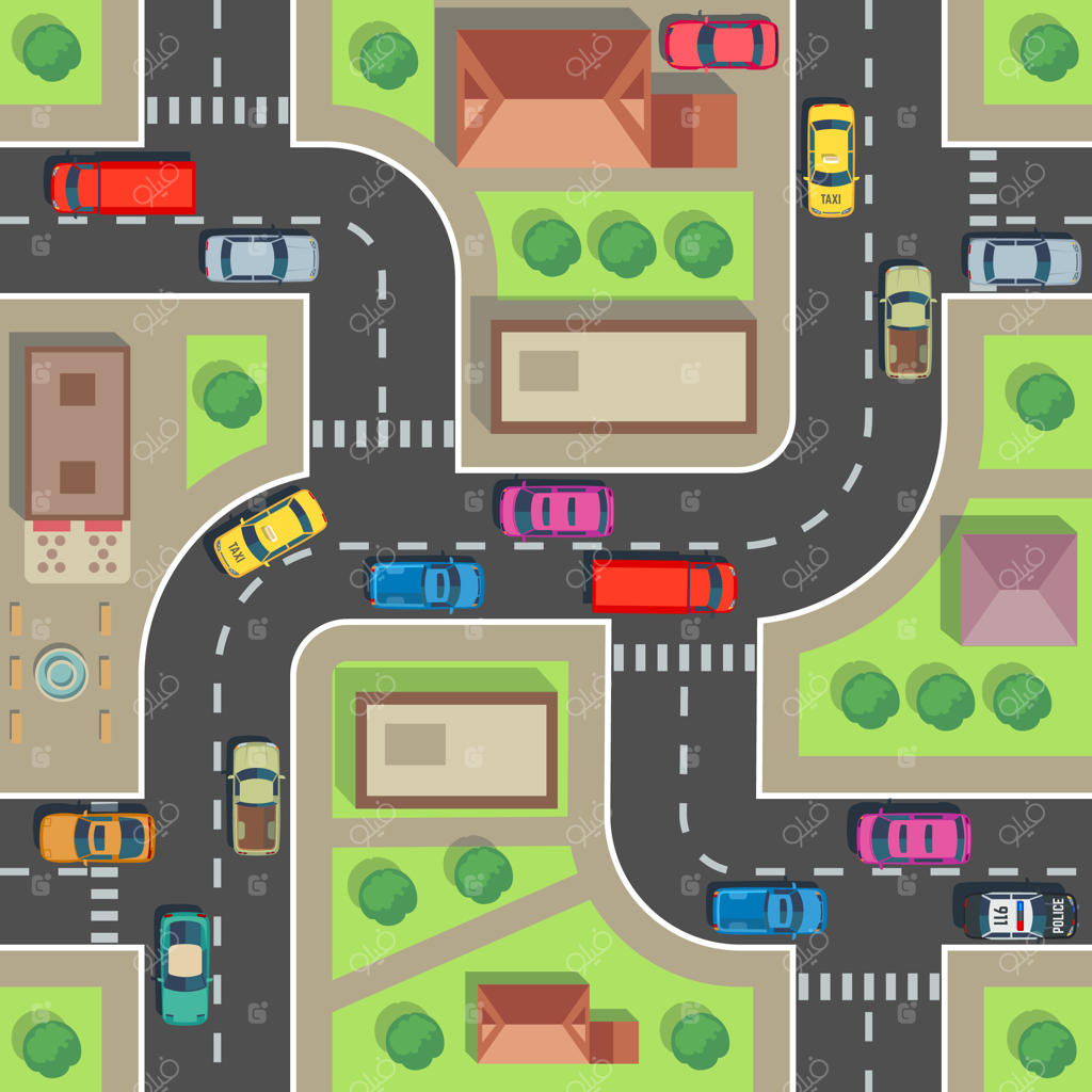 نقشه‌ی یکپارچه شهر - نمای بالا از ساختمان‌ها و خیابان‌ها با خودروها و کامیون‌ها.