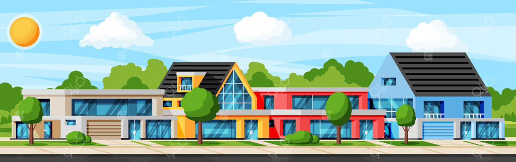 منظره‌ای از کلبه یا ساختمان روستایی: نمای بیرونی با درختان و باغچه در حیاط جلو. خانه مدرن حومه شهر. مفهوم املاک و مستغلات. تصویرسازی کارتونی و فلت.