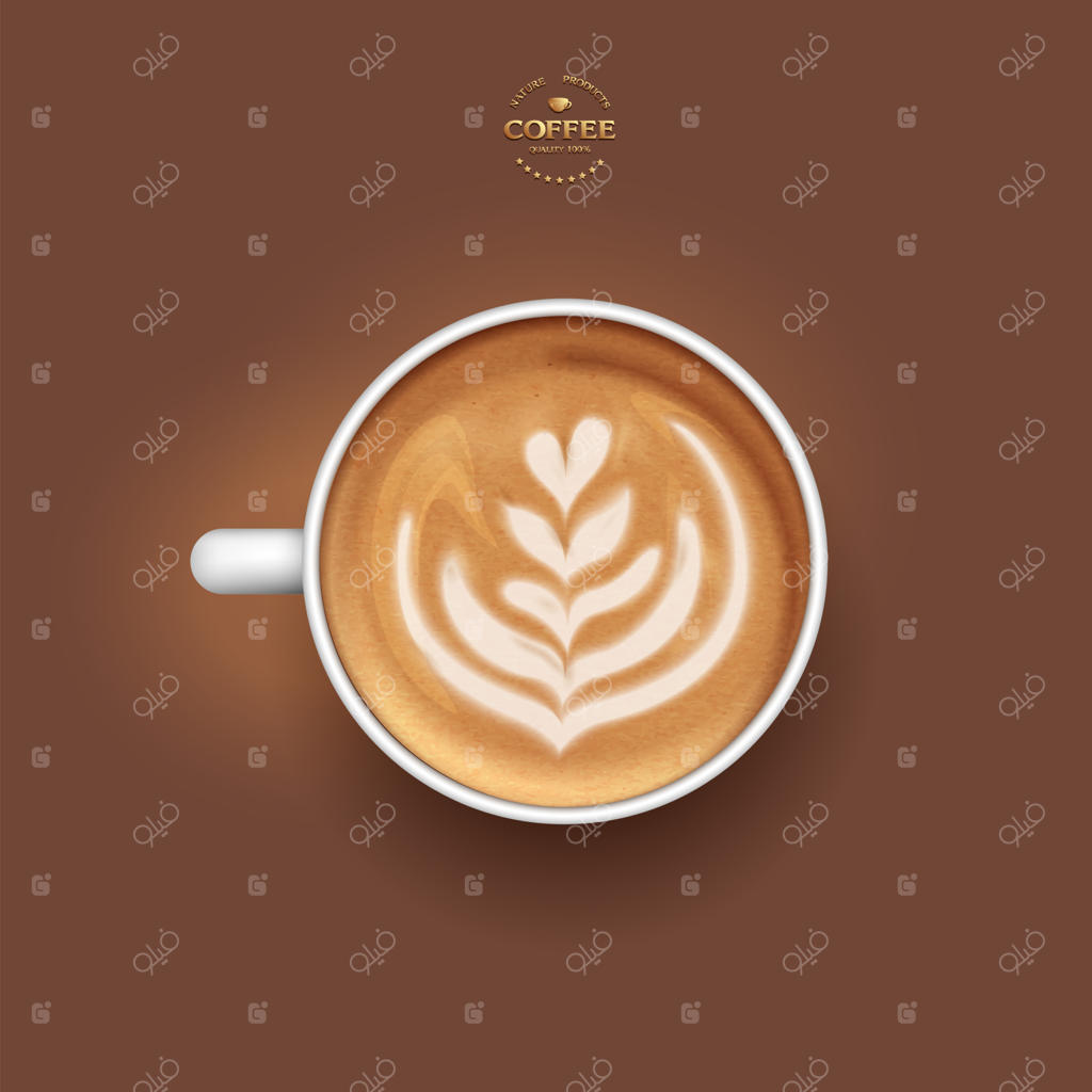 فنجان قهوه لاته با طرح گل لاله، نمای بالا، وکتور واقع‌گرایانه