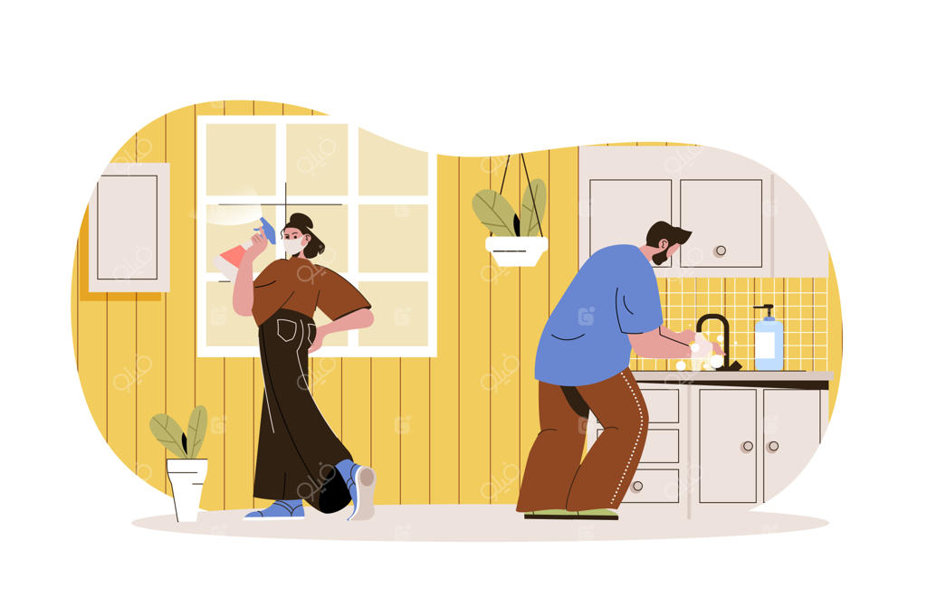 پیشگیری از کرونا: زنی با ماسک در حال ضدعفونی سطوح خانه و شستشوی مردی