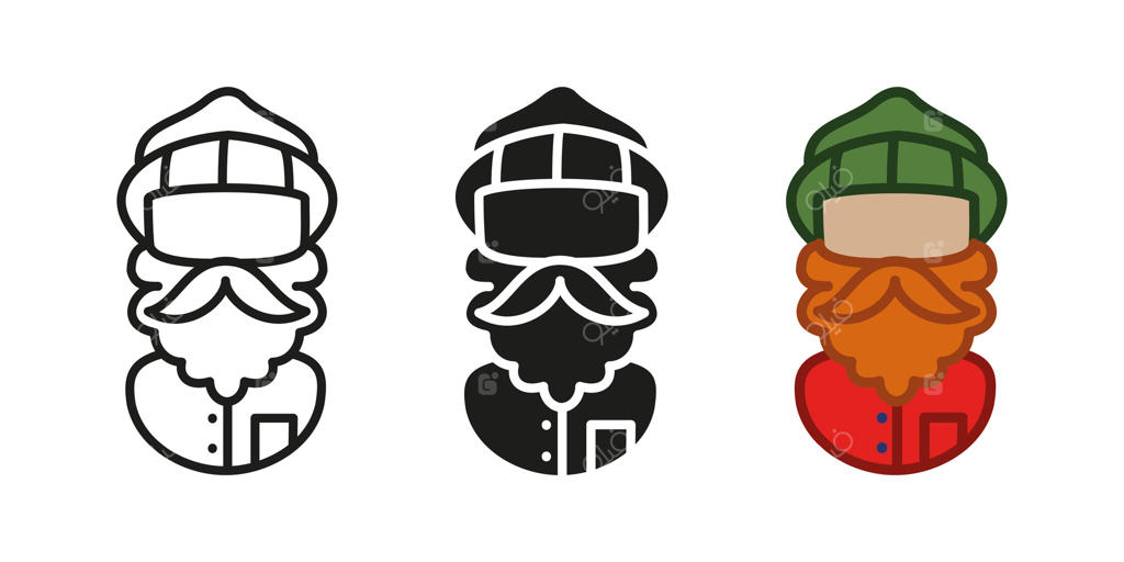 آیکون مرد با سبک چوب‌بری. تصویر شخصیت چوب‌بر. مد روز رنجر هیپستر. نماد جنگلبان یا چوب‌بر ریش‌دار. مردی با کلاه سبز و ریش. نجار یا آرایشگر.