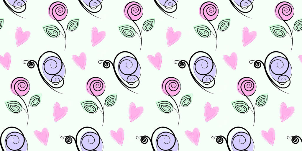 پترن یکپارچه پروانه‌های دست‌کشیده استایل‌دار، رز روی ساقه و قلب‌های دکوراتیو، ترکیبی از صورتی و بنفش. طراحی جداگانه برای کارت‌های موضوعی، کاغذ دیواری یا بنر تبلیغاتی وب، بروشور و کارت تبریک.