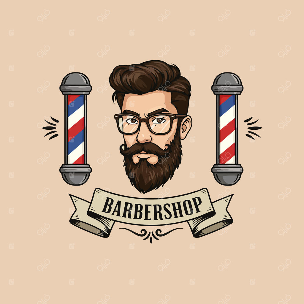 لوگوی سلمانی به سبک قدیمی با تصویر مردی شیک با ریش و عینک، همراه با پایه‌های سلمانی و یک بنر.