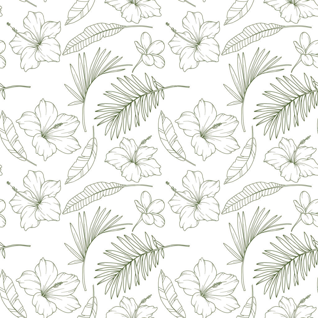 زمینه گیاهان گرمسیری. پترن یکپارچه باغ گرمسیری مدرن. گل‌ها و برگ‌های گرمسیری با طراحی خطی. پترن یکپارچه گل‌های گرمسیری