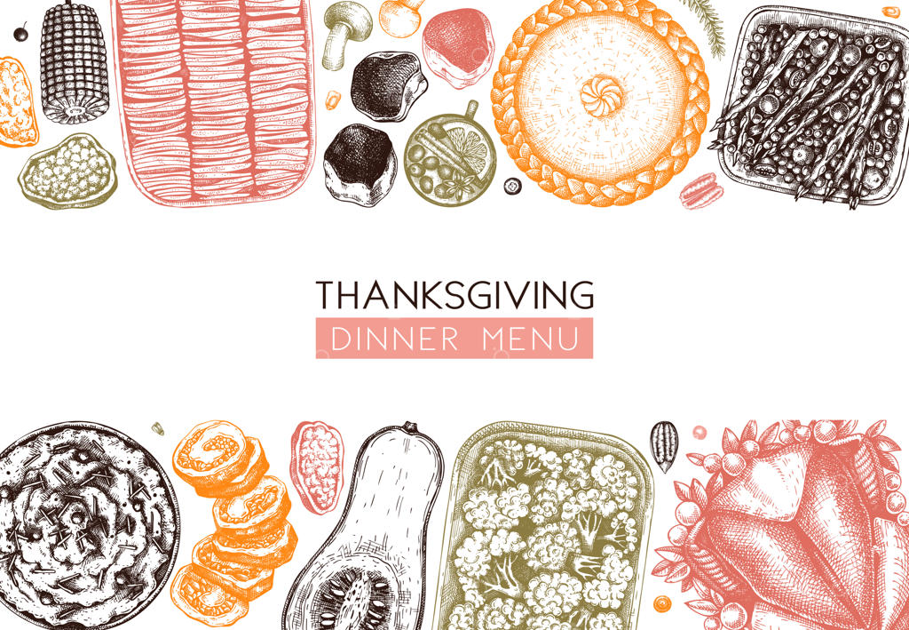منوی شام روز شکرگزاری: بوقلمون بریان، سبزیجات پخته، رول‌های گوشتی، کیک و پای‌های تازه. طراحی‌های قدیمی از یک سفره پاییزی برای روز شکرگزاری.