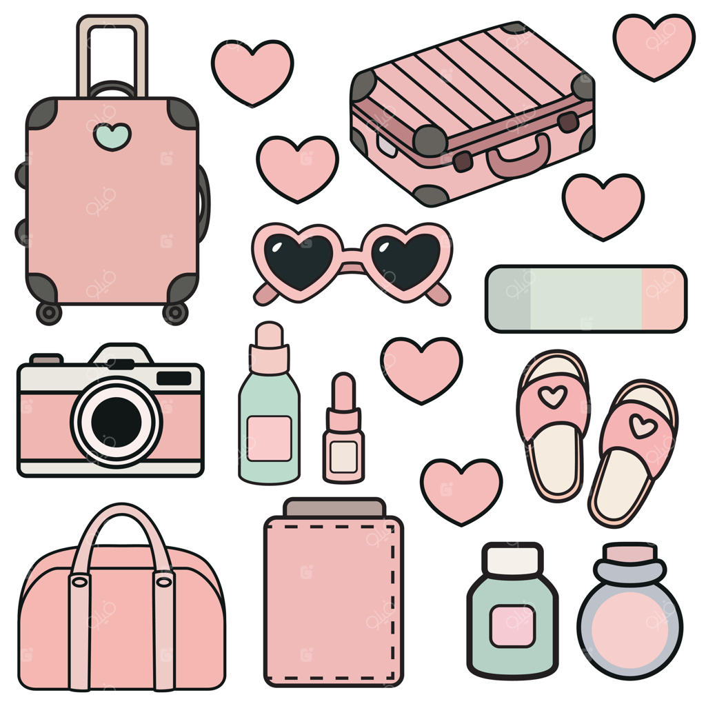 ست زیبا با تم سفر در رنگ‌های صورتی ملایم شامل چمدان‌ها، عینک‌های قلبی، دمپایی‌ها، لوازم آرایشی و ملزومات سفر. ایده‌آل برای استیکرهای برنامه‌ریز، وبلاگ‌ها یا محتوای سبک زندگی.
