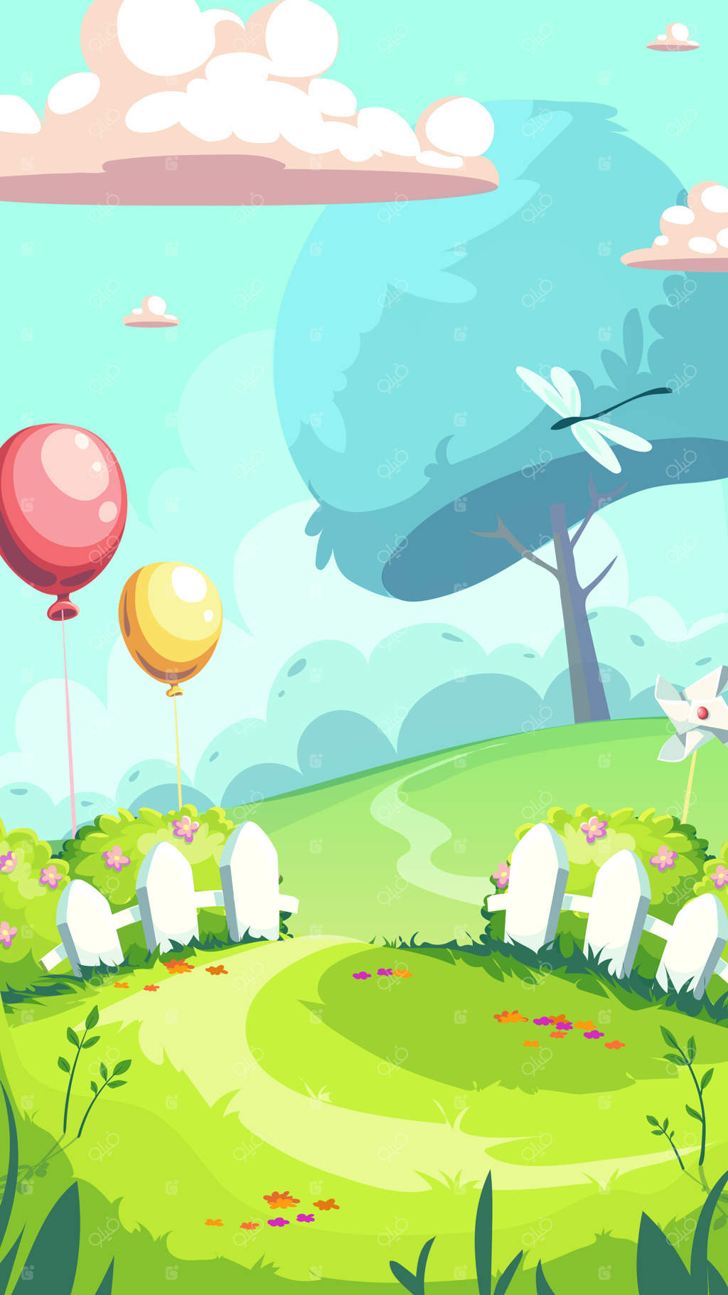 تصویر عمودی بالن‌های هوای گرم بر فراز تپه‌های سبز بهاری