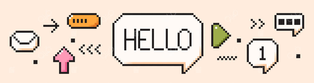 آیکون‌های سبک رترو 8 بیتی .. عناصر هنری بازی پیکسلی. حباب گفتگویی شبیه به پیام فلش باتری سلام.