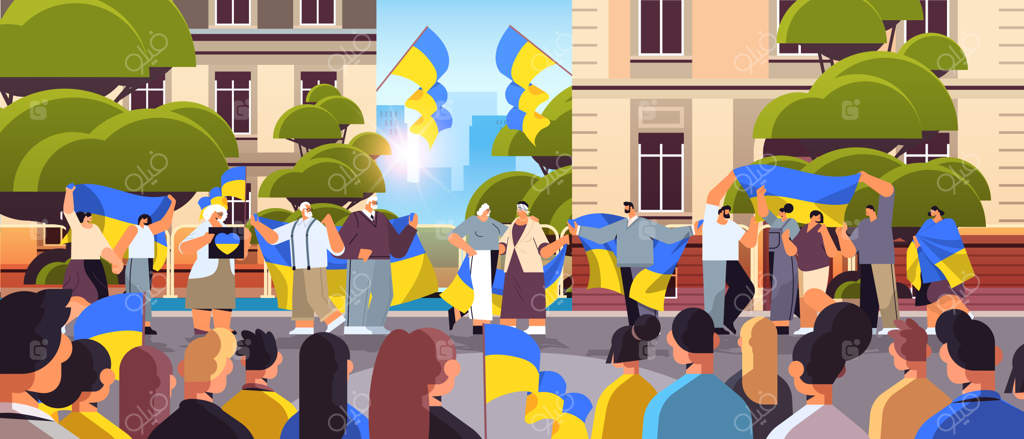 مردم معترض با پرچم‌های اوکراین برای صلح کشورشان دعا می‌کنند: اوکراین را از روسیه نجات دهید، جنگ را متوقف کنید. (تصویرسازی وکتوری با پس‌زمینه شهر)