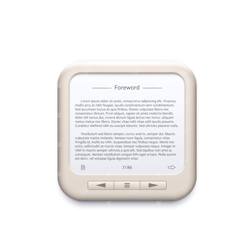 نماد دستگاه همراه: کتابخوان الکترونیکی پرتابل  
تصویر سه‌بعدی از برنامه خواندن در موبایل یا کامپیوتر، با نمایشگر جوهر الکترونیکی و دکمه‌ها