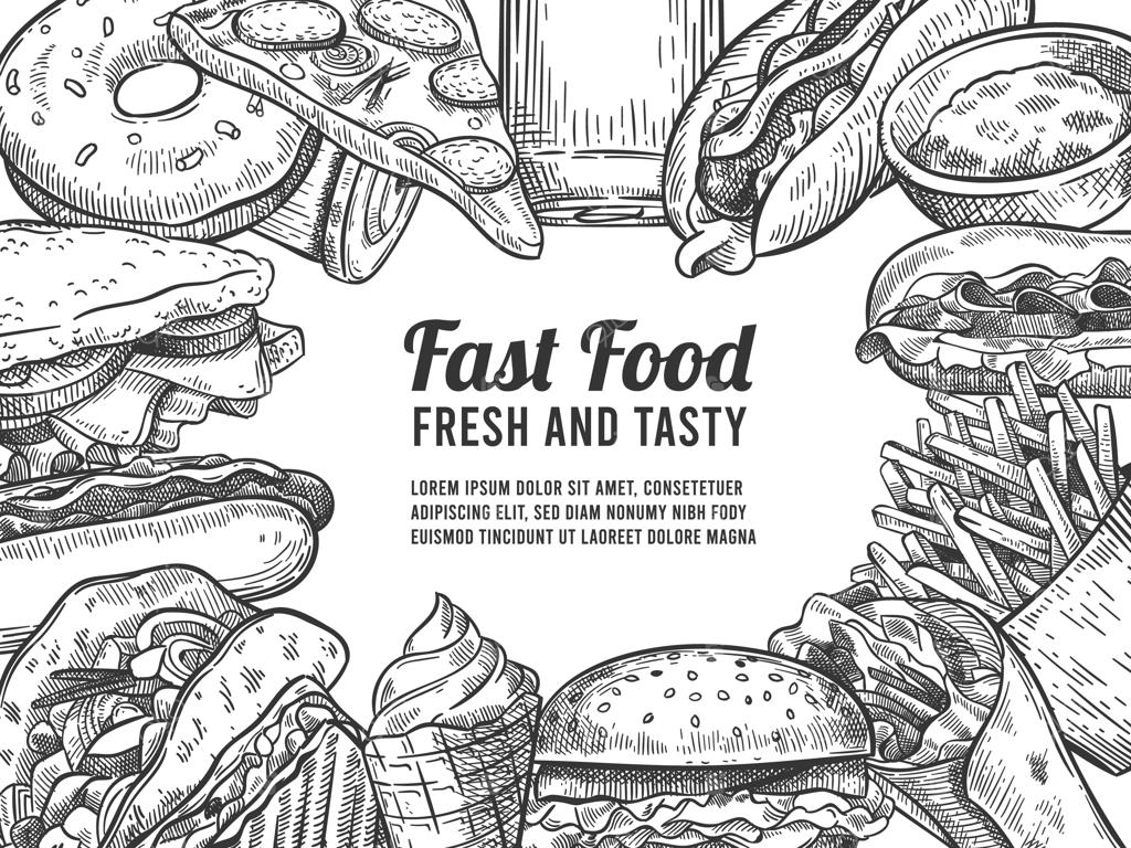 طرح غذاهای فست فود. هات‌داگ، پیتزا و دونات، برگر و سیب‌زمینی سرخ‌کرده، بستنی و نوشابه. غذای ناسالم، پوستر ویژه. منوی طراحی شده همبرگر، رستوران فست فود.
