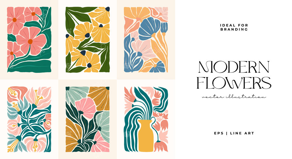 المان‌های انتزاعی گل، ترکیب‌بندی گیاهی، سبک مدرن و مینیمال ماتیس، پوستر گل