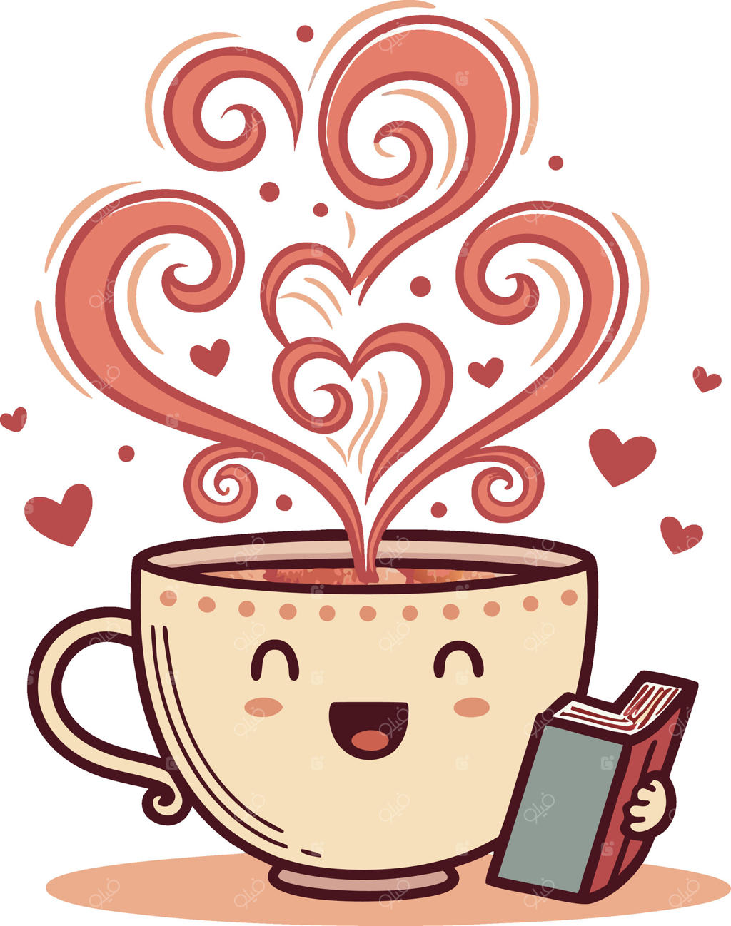 تصویرسازی فنجان قهوه و کتاب با بخار قلبی، طرحی بامزه برای دکوراسیون منزل و هدیه