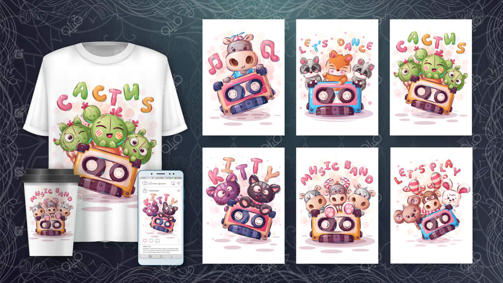 مجموعه حیوانات کارتونی با نوار کاست - شامل پنج پوستر. وکتور EPS 10