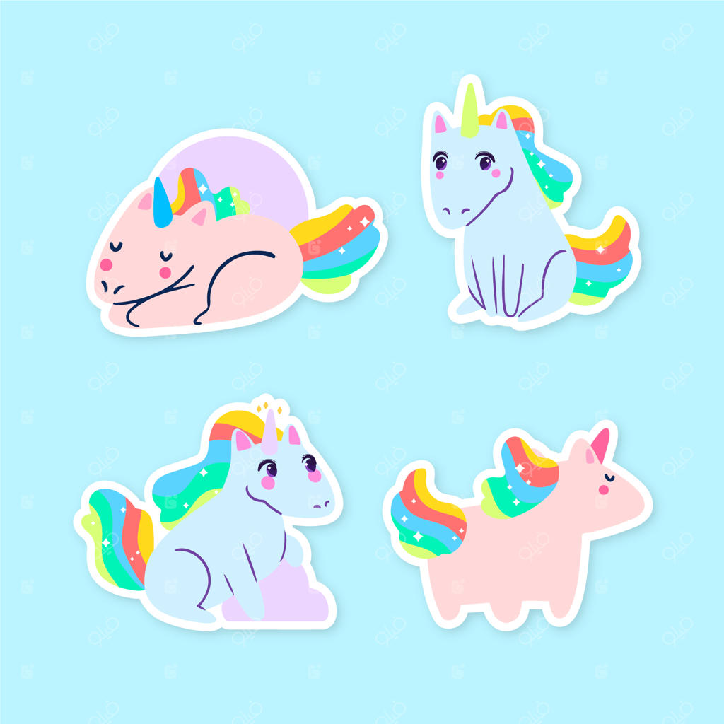 مجموعه برچسب‌ تک‌شاخ kawaii دست‌کشیده