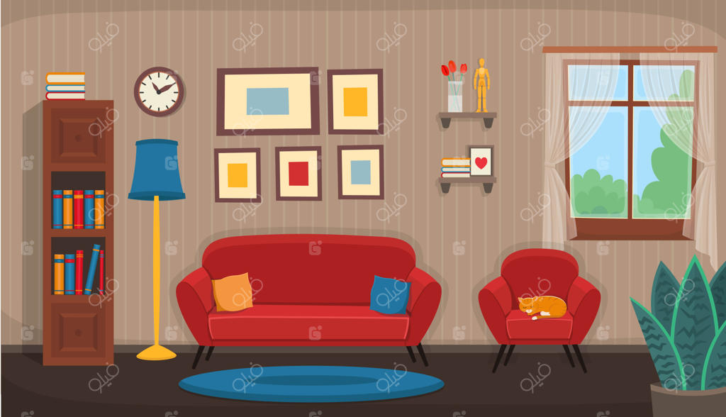 اتاق نشیمن با صندلی، کاناپه، پنجره و کتابخانه؛ دکوراسیونی دنج و کارتونی.