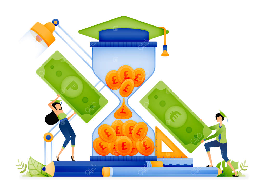 طراحی ساعت شنی با پول کم برای هزینه‌های تحصیلی در آموزش با هزینه‌های سرمایه‌گذاری بالا - تصویر مناسب برای صفحه فرود سایت، پوستر، بنر، اپلیکیشن‌ موبایل، وب و تبلیغات در شبکه‌های اجتماعی