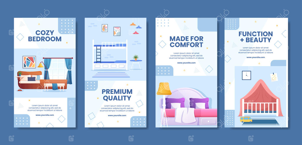 وکتور پس‌زمینه کارتونی و تخت دکوراسیون اتاق خواب برای قالب استوری شبکه‌های اجتماعی