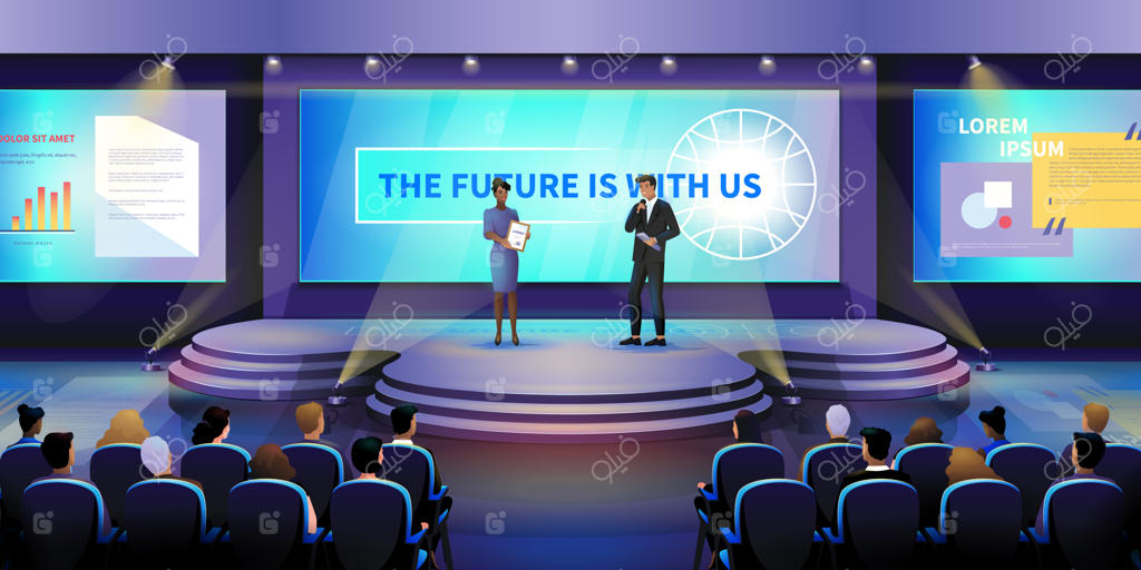 طرح وکتور صحنه کنفرانس و رویداد تجاری با حضور سخنرانان و تماشاگران در سالن همایش، نمایش ارائه روی پرده و مراسم اعطای گواهینامه