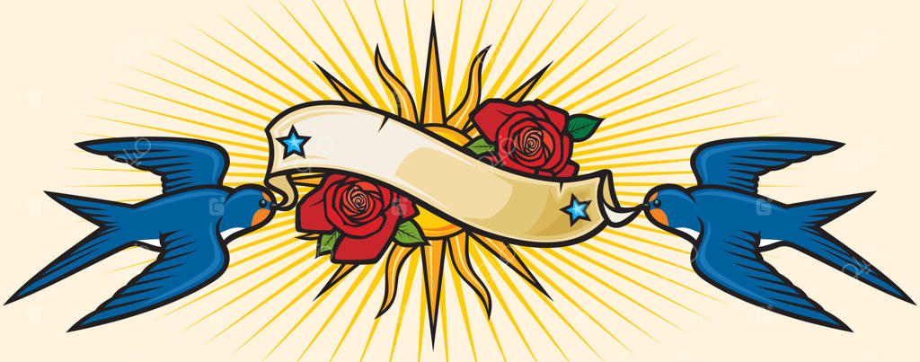 طرح طراحی تاتو شامل پرستوها، گل‌های رز، پرچم و خورشید