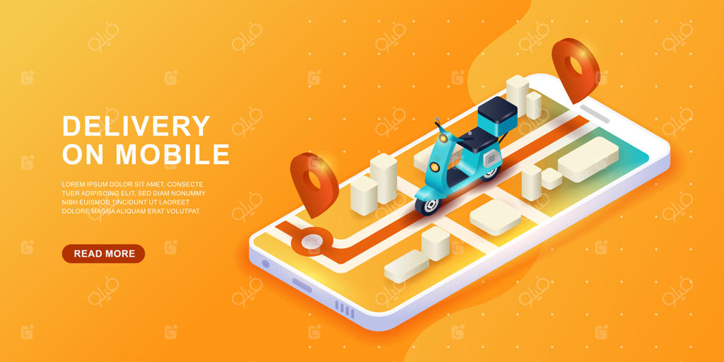 مفهوم خدمات تحویل آنلاین: ارسال سریع با اسکوتر از طریق موبایل و تجارت الکترونیک