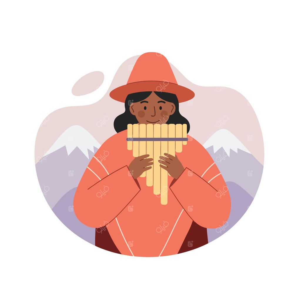 تصویرسازی نوازنده بومی با لباس و کلاه سنتی در حال نواختن پن‌فلوت در پس‌زمینه کوهستان