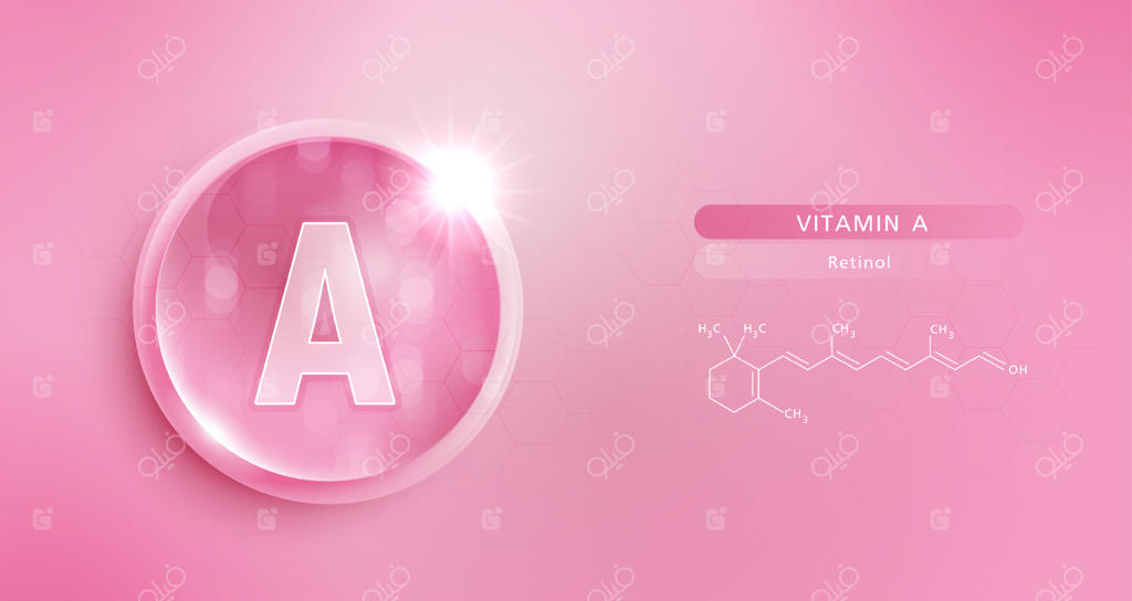 قطره آب صورتی ویتامین A و ساختار مولکولی، کمپلکس محلول ویتامین با فرمول شیمیایی طبیعی، طرح مراقبت از پوست و درمان زیبایی، مفاهیم پزشکی و علمی برای محصولات آرایشی، وکتور.