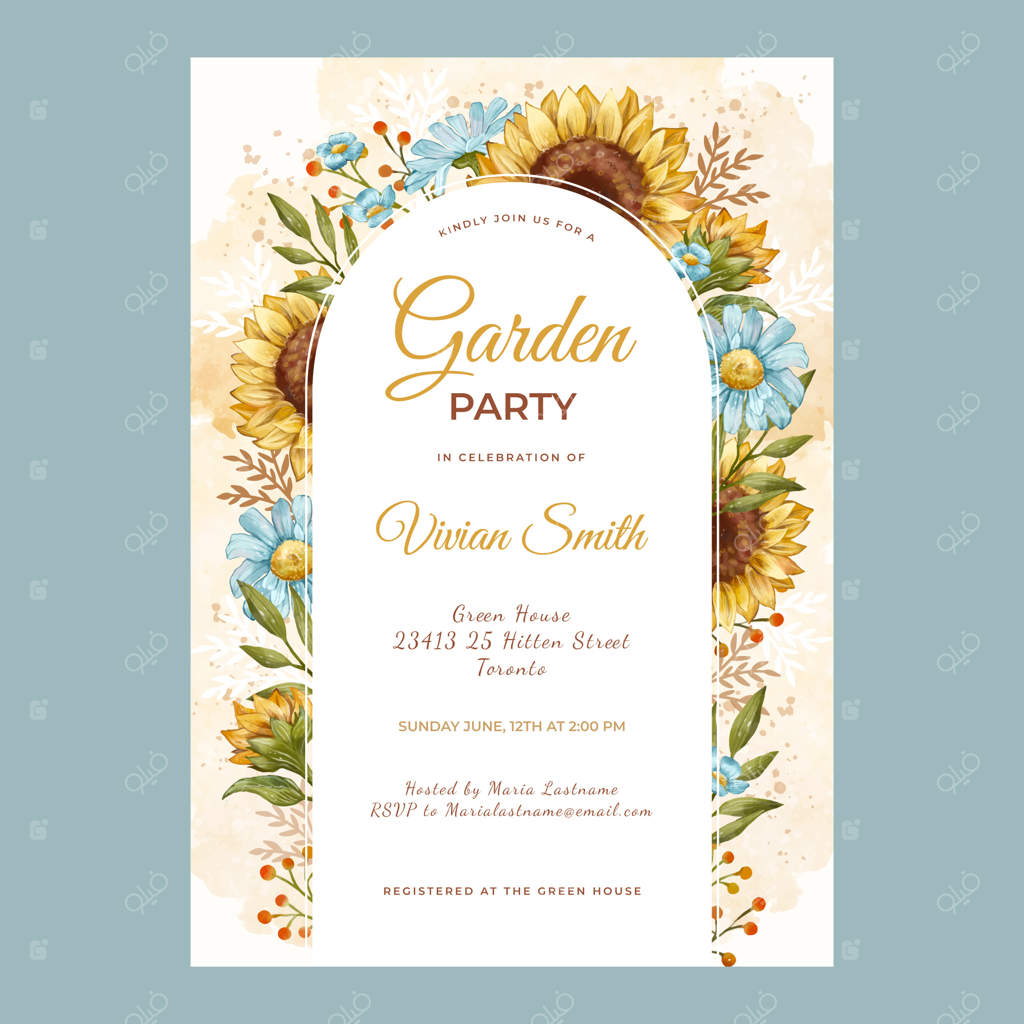 طراحی کارت دعوت مهمانی باغ با آبرنگ