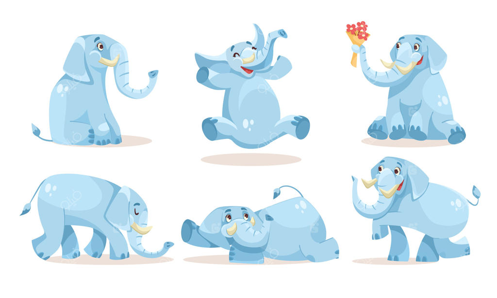 فیل‌های کارتونی بامزه و دوست‌داشتنی آبی در حالت‌ها و صحنه‌های شاد مختلف
