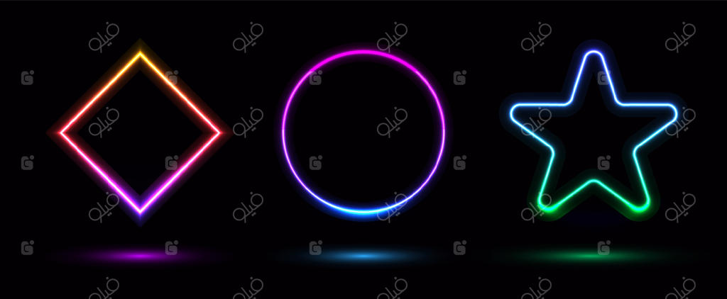 مجموعه قاب و نشان‌های نئونی درخشان با اشکال هندسی مربع، دایره و ستاره در پس‌زمینه مشکی و سبک رترو