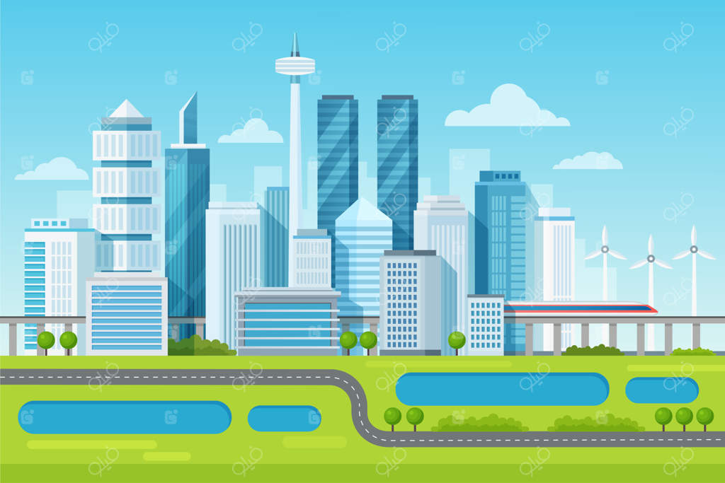 چشم‌انداز شهری مدرن با آسمان‌خراش‌ها و مترو: یک تصویرسازی